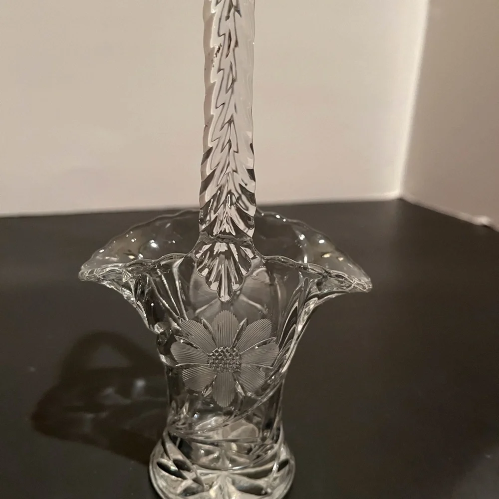 Vintage Petite Etched Glass Basket with Handle